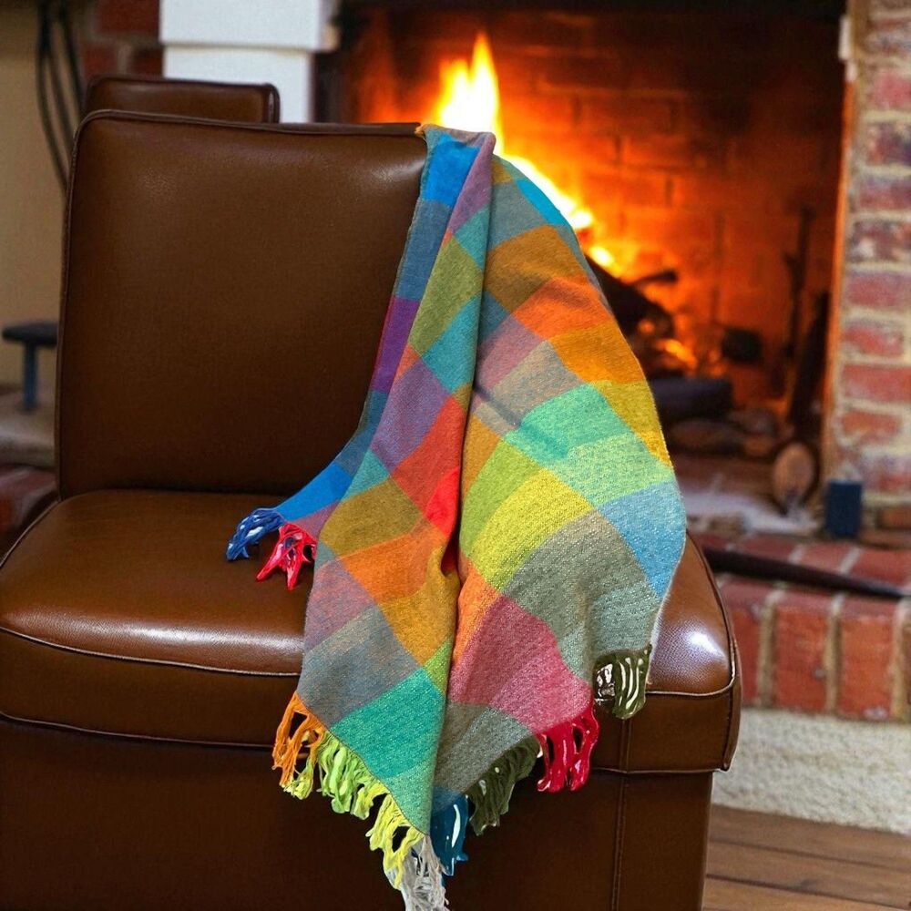 100% Wool Throw Blanket Bright Squares W Fringe Cozy Cabin Farmhouse 48 X 48"